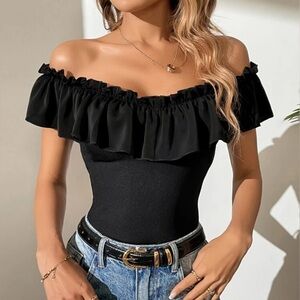 Black Off the Shoulder Ruffle Trim Tee Women’s Tall Small